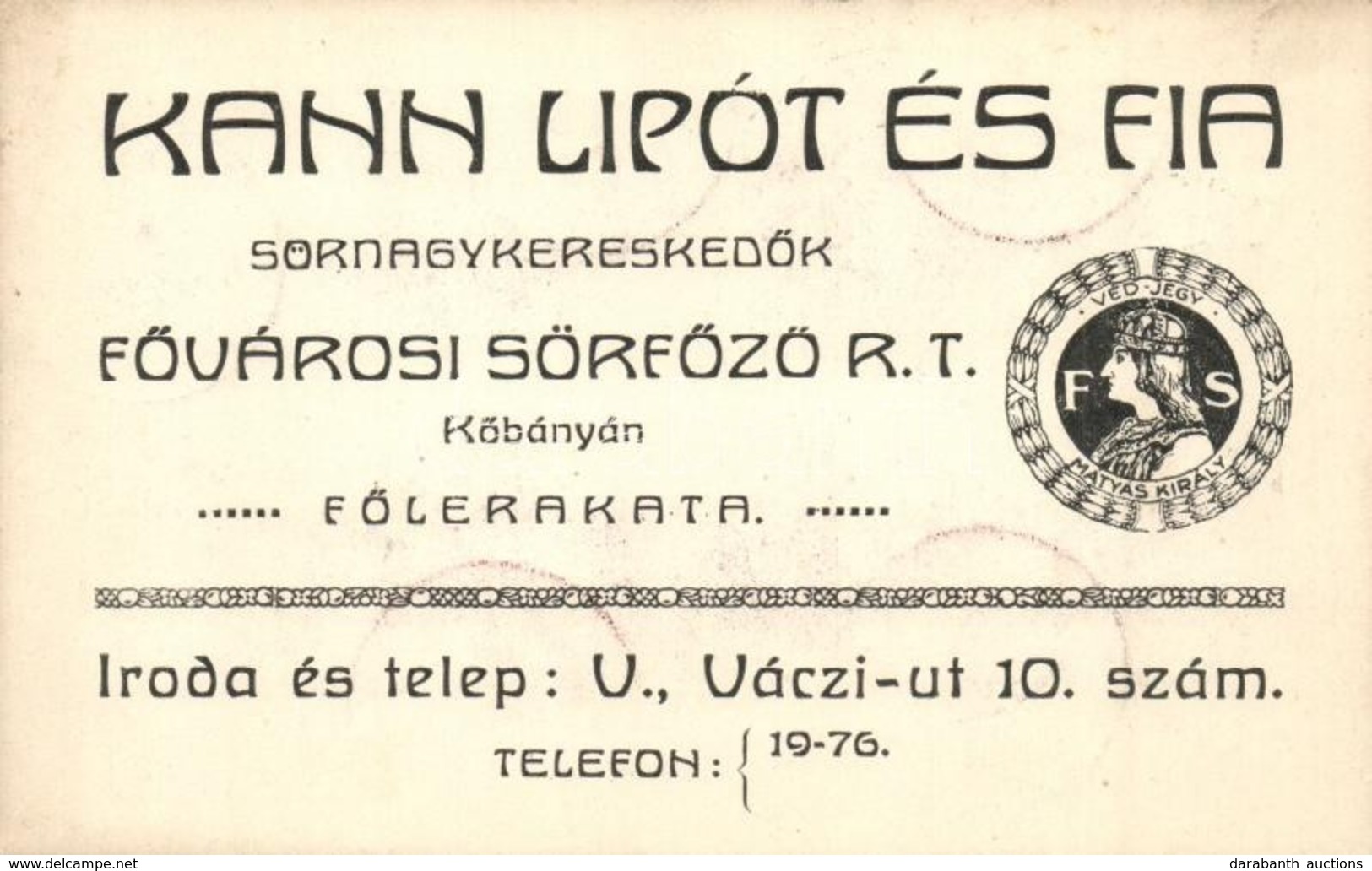 * T2 Kann Lipót és Fia Sörnagykeresked?k F?városi Sörf?z? Rt. F?lerakatának Reklámlapja, K?bánya / Hungarian Brewery's A - Non Classificati