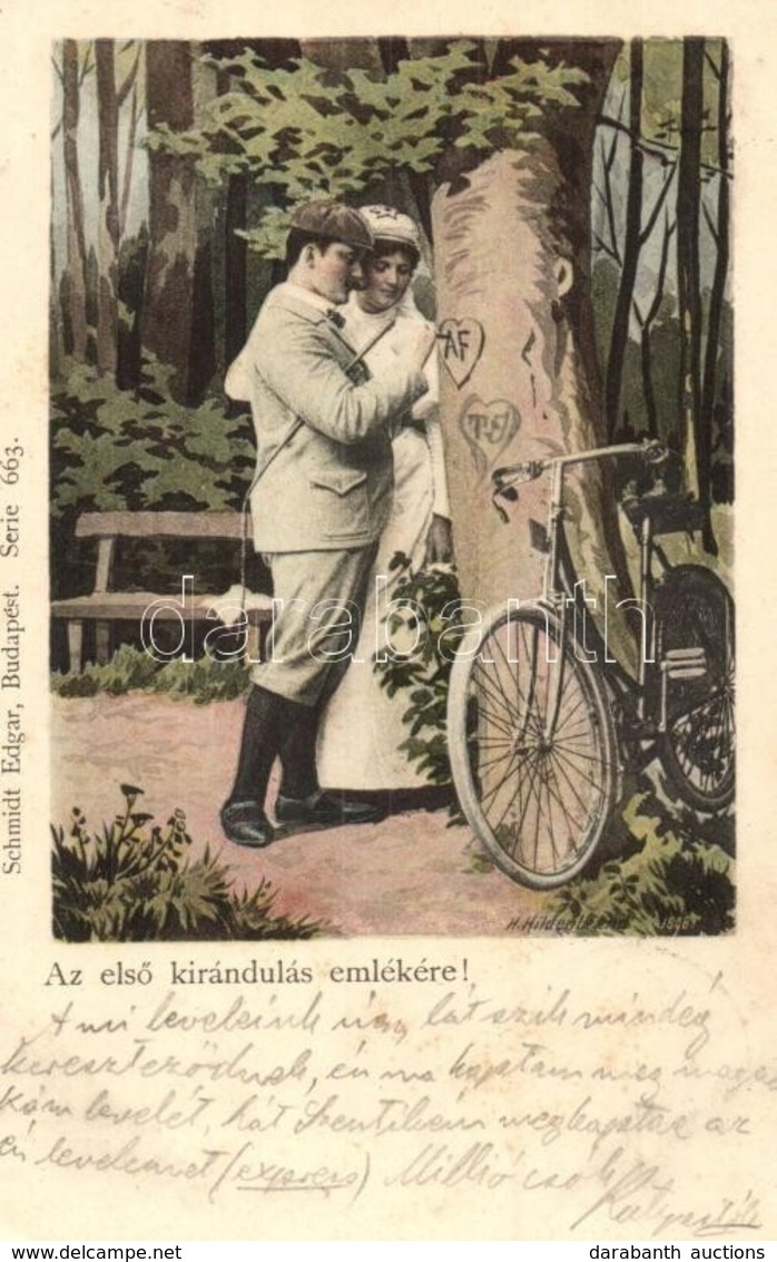 T1/T2 1903 Az Els? Kirándulás Emlékére! Kerékpáros Pár / Cyclist Couple With Bicycle. Romantic Art Postcard - Zonder Classificatie