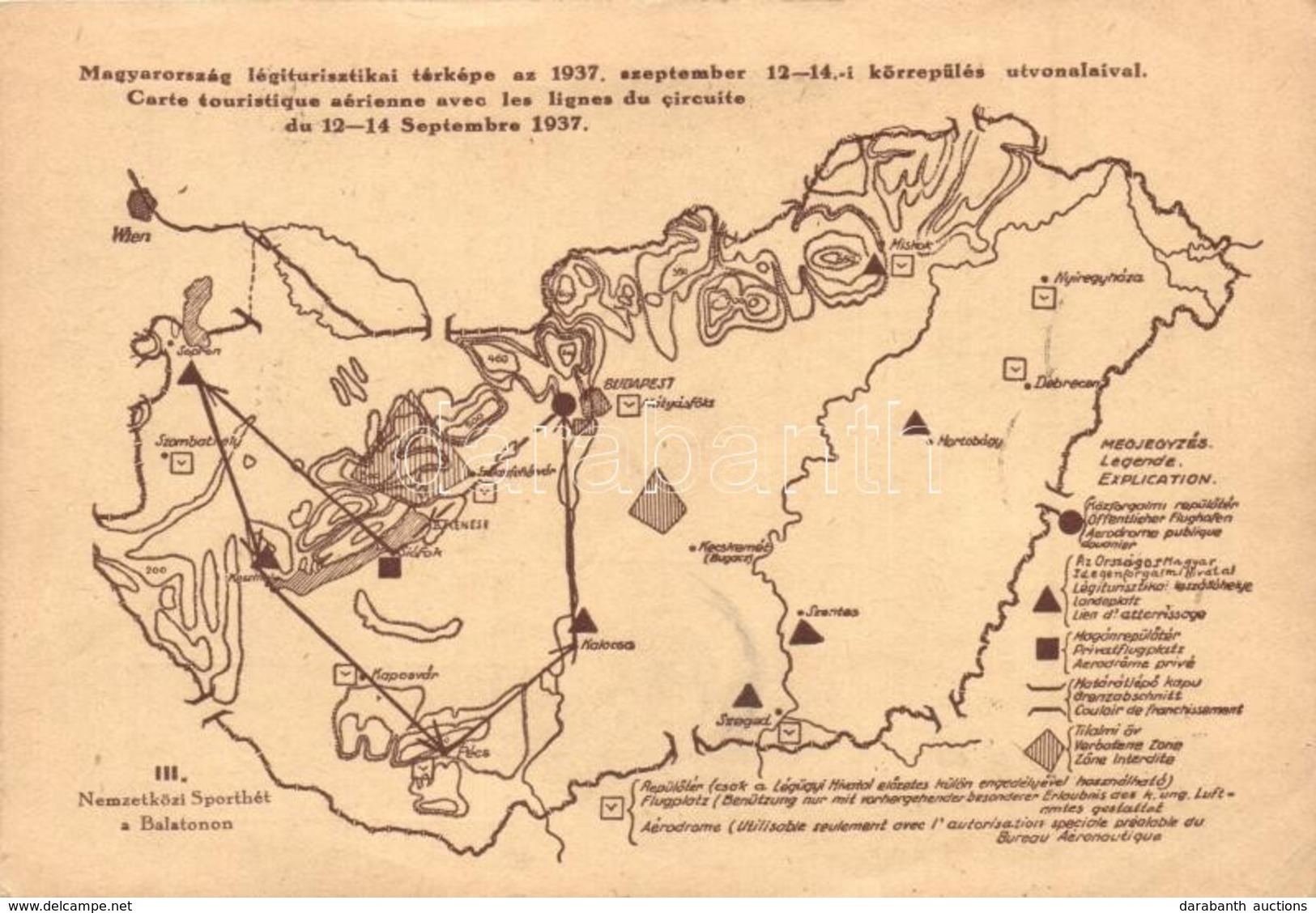 * T2/T3 1937 Magyarország Légiturisztikai Térképe A Szeptember 12-14-i Körrepülés útvonalaival / Aviation Touristic Map  - Non Classificati