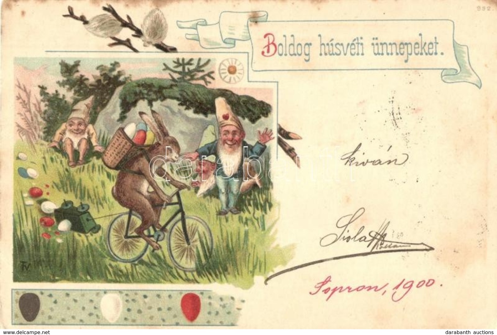 T2/T3 Boldog Húsvéti Ünnepeket! Törpék Kerékpározó Nyúllal / Easter Greeting Art Postcard. Dwarves With Cycling Rabbit.  - Non Classificati
