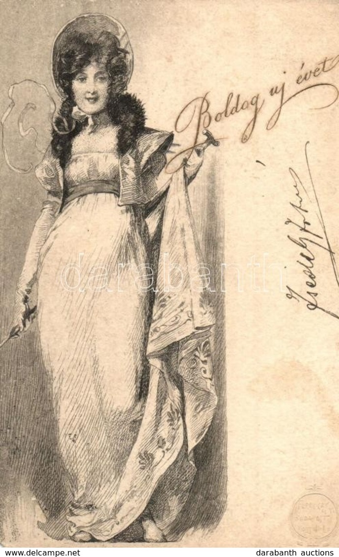 T2/T3 1900 Boldog új évet! Ferenczy és Társa / New Year Greeting Art Postcard With Lady (EK) - Non Classificati