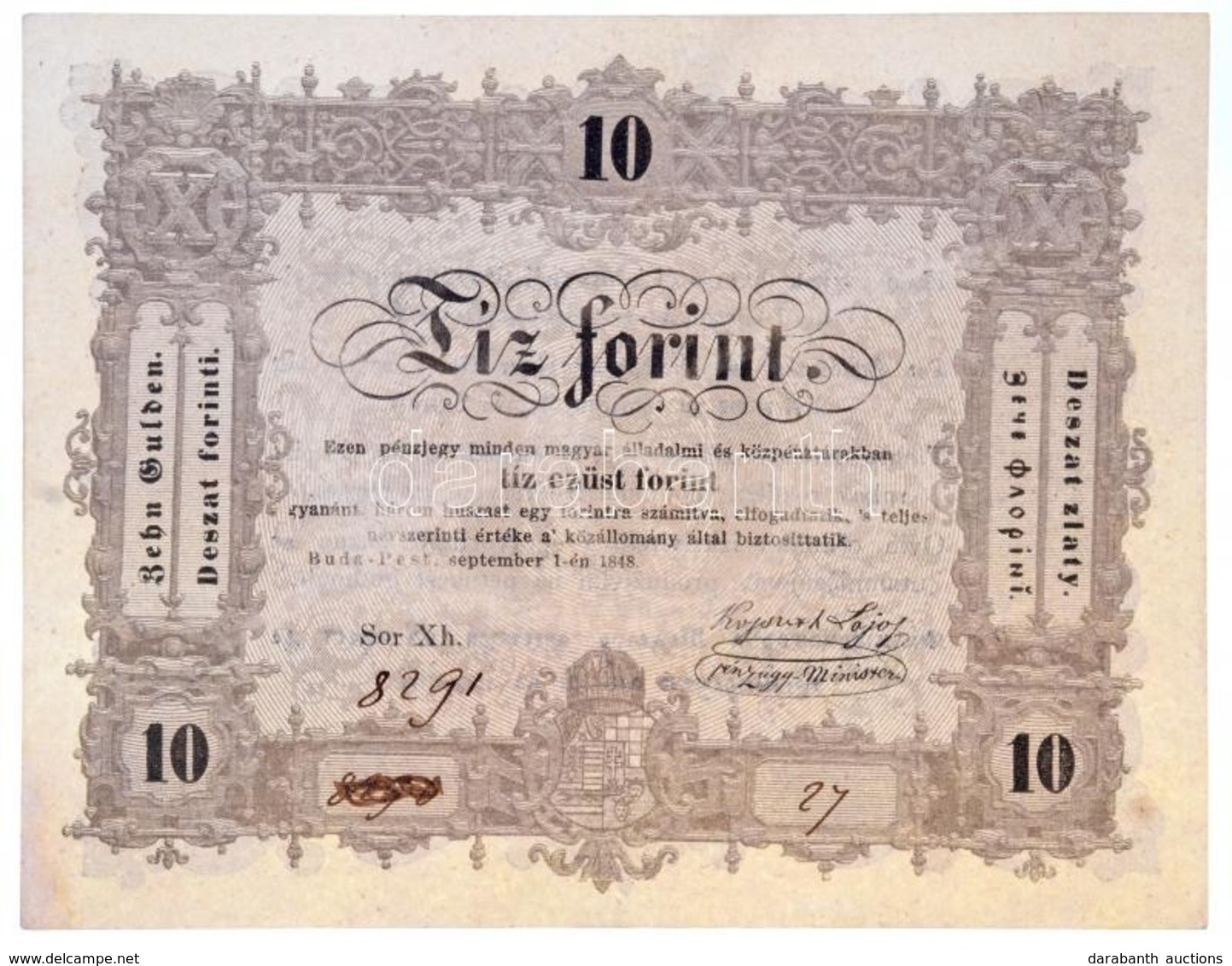 1848. 10Ft 'Kossuth Bankó' Rontott és Javított Sorszámozással T:I- / Hungary 1848. 10 Forint 'Kossuth Note' With Miswrit - Non Classificati