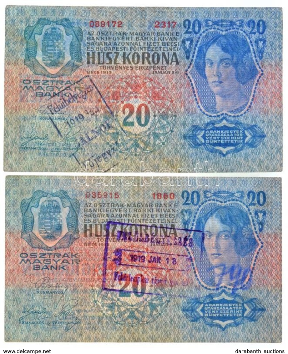 1913. 20K 'Fehértemplom' Felülbélyegzéssel + 1913. 20K 'Dálnok - F?jegyz?' Felülbélyegzéssel T:III / Hungary 1913. 20 Ko - Non Classificati