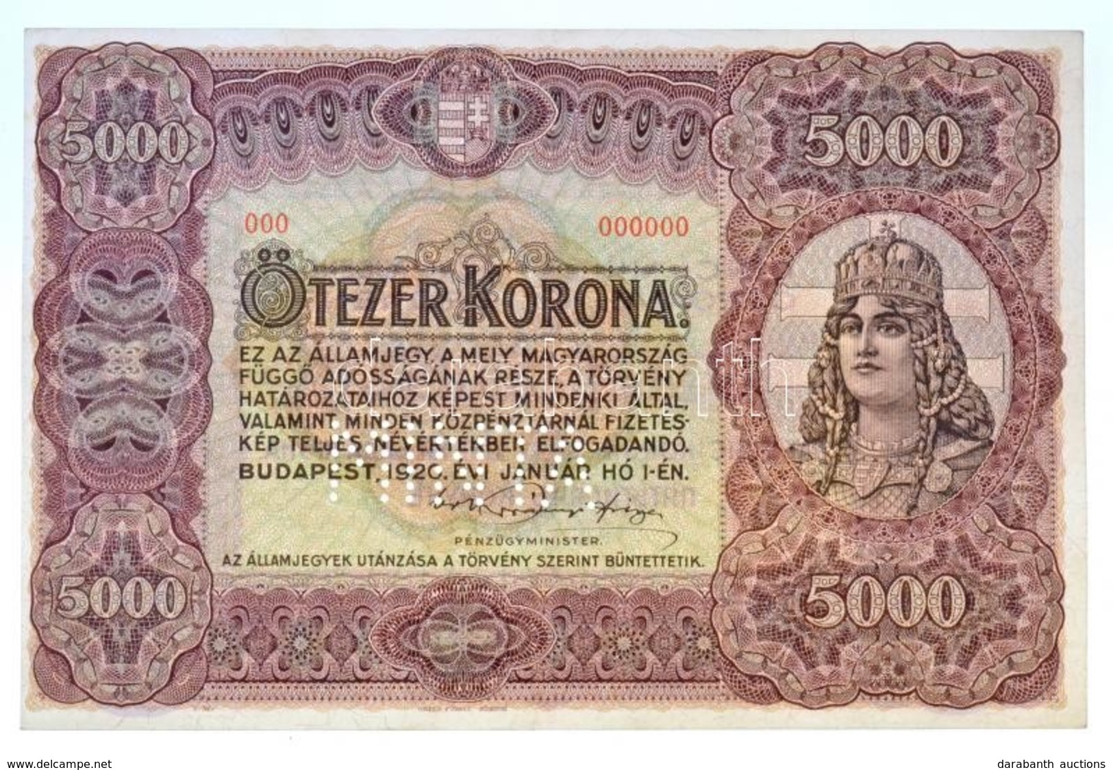 1920. 5000K 'MINTA' Perforációval és Piros '000 000000' Számozással T:II / 
Hungary 1920. 5000 Korona With 'MINTA (SPECI - Ohne Zuordnung