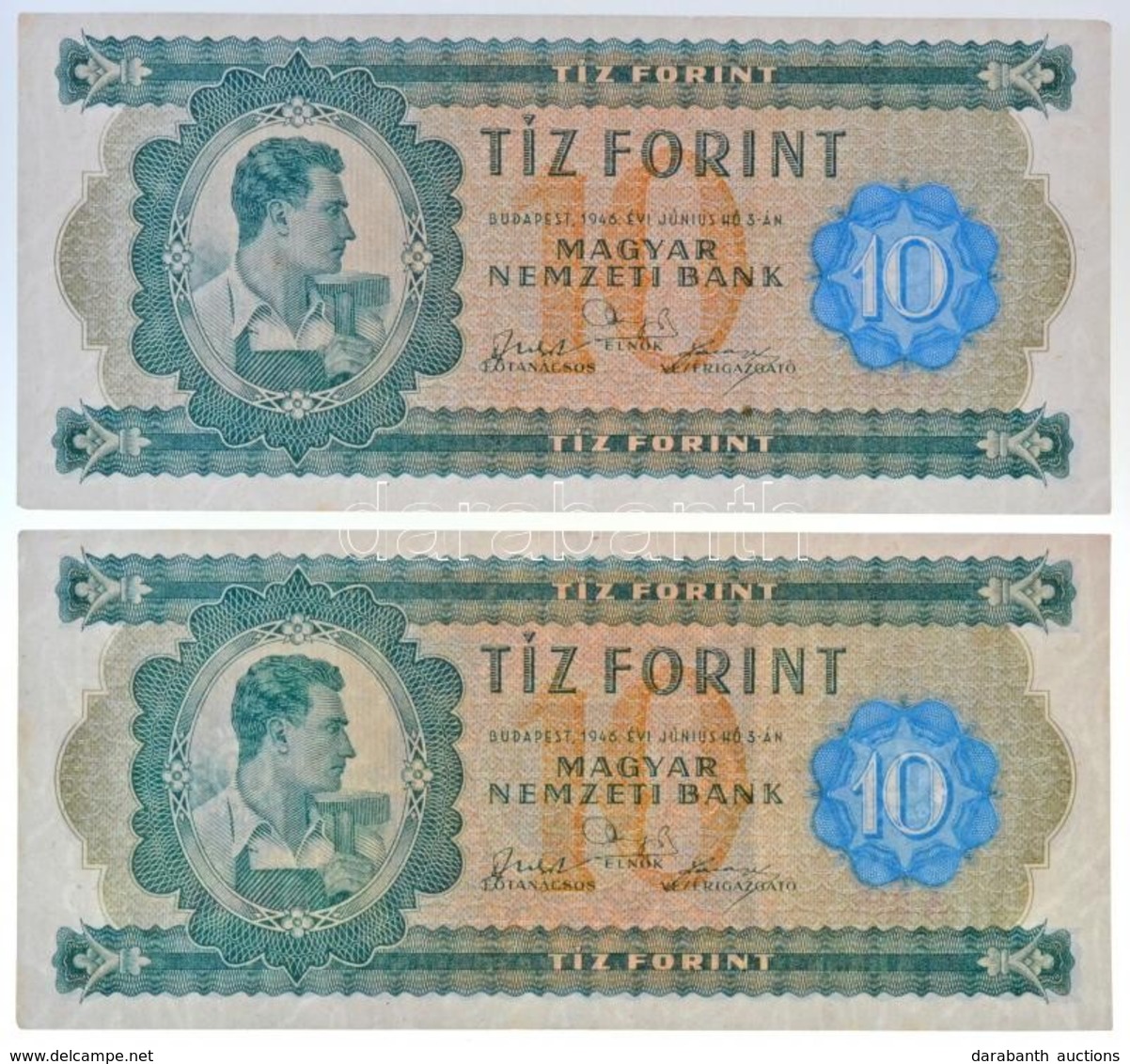 1946. 10Ft (2x) Sorszámkövet?k 'A 019 036626 - A019 036627' T:I,I-  
/ Hungary 1946. 10 Forint (2x) Sequential Serials ' - Non Classificati