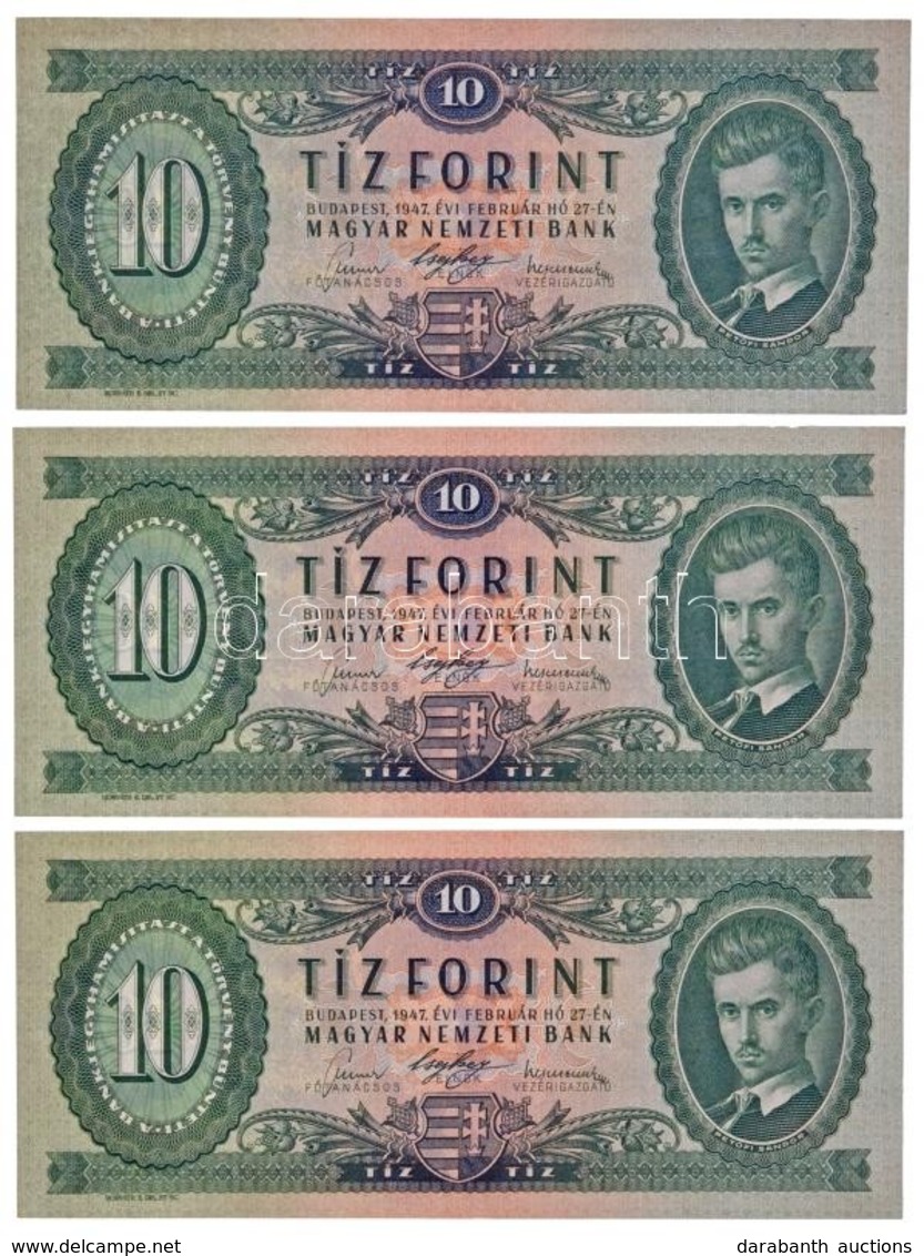 1947. 10Ft (3x) Sorszámkövet?k 'A513 093783 - A513 093785' T:I / Hungary 1947. 10 Forint (3x) Sequential Serials 
'A513  - Non Classificati