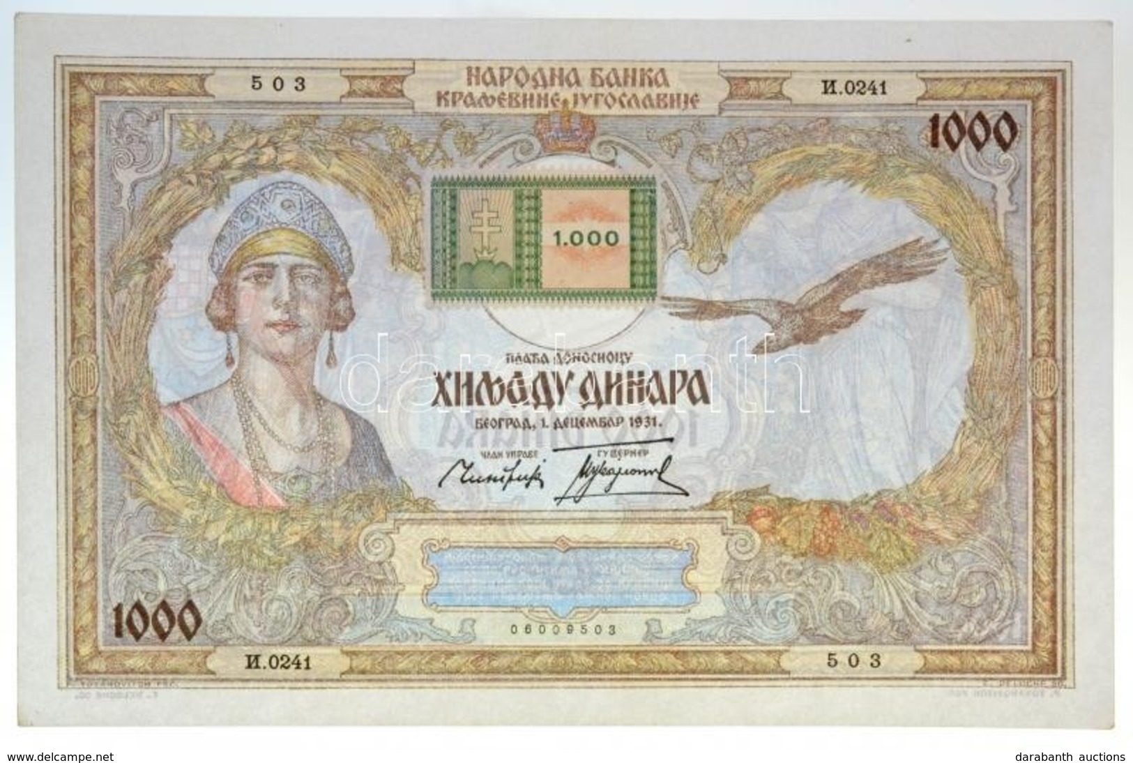 Jugoszlávia / Bácska Magyar Megszállás 1941. (1931) 1000D Rajta Magyar 1000P-s Bélyeggel T:I- Csak Sarokhajlás! RRR! / Y - Non Classificati