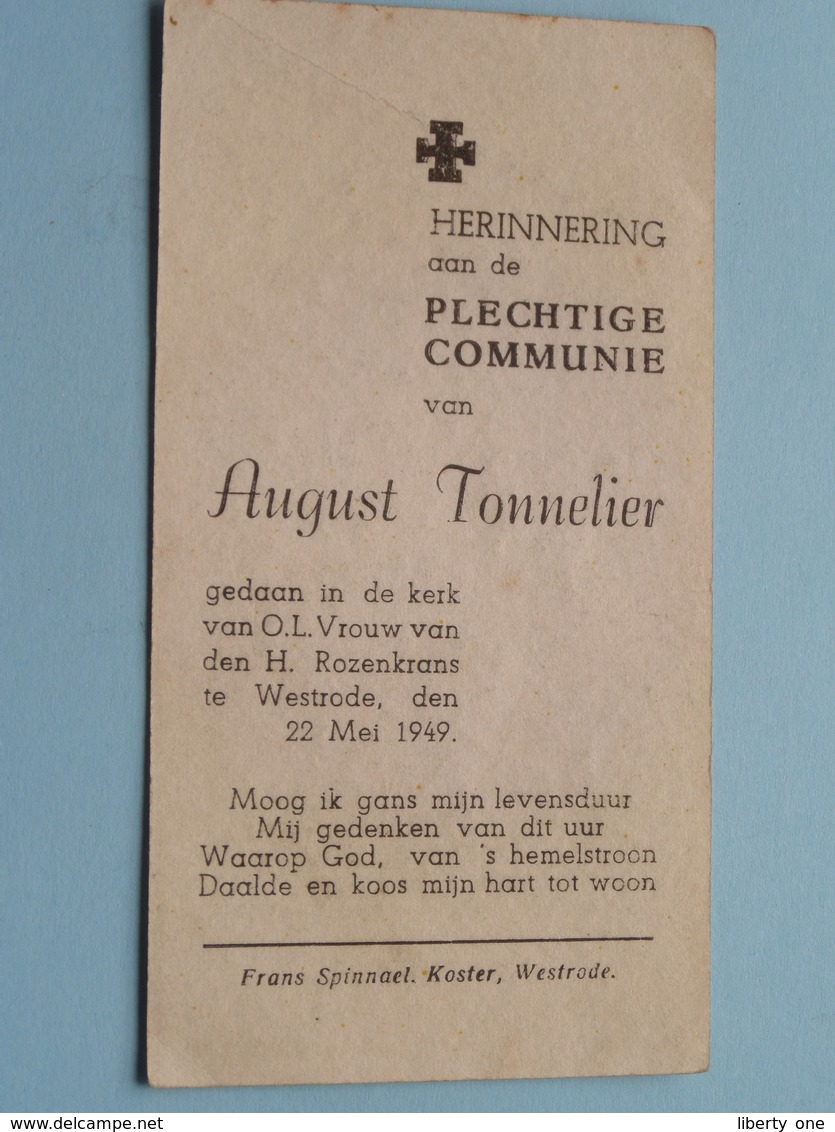 August TONNELIER Op 22 Mei 1949 - O.L.Vrouw Van Den H. Rozenkrans Te WESTRODE ( Zie/voir Photo ) ! - Communion