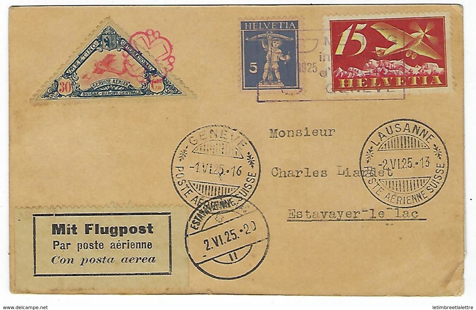 Lettre De Suisse, Genève - Lausanne 1 / 06 / 1925, Via Flugpost, Belle Affranchissement - Marcophilie