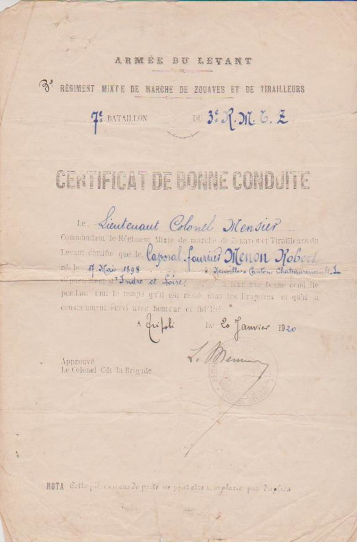 CERTIFICAT DE BONNE CONDUITE - ARMEE DU LEVANT - 1920 - Documents Historiques