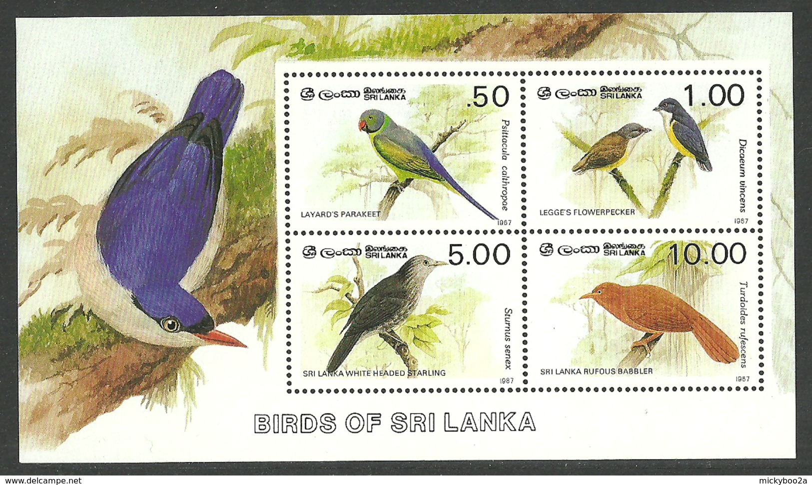 SRI LANKA 1987 BIRDS PARAKEET STARLING BABBLER FLOWERPECKER M/SHEET MNH - Sri Lanka (Ceylon) (1948-...)