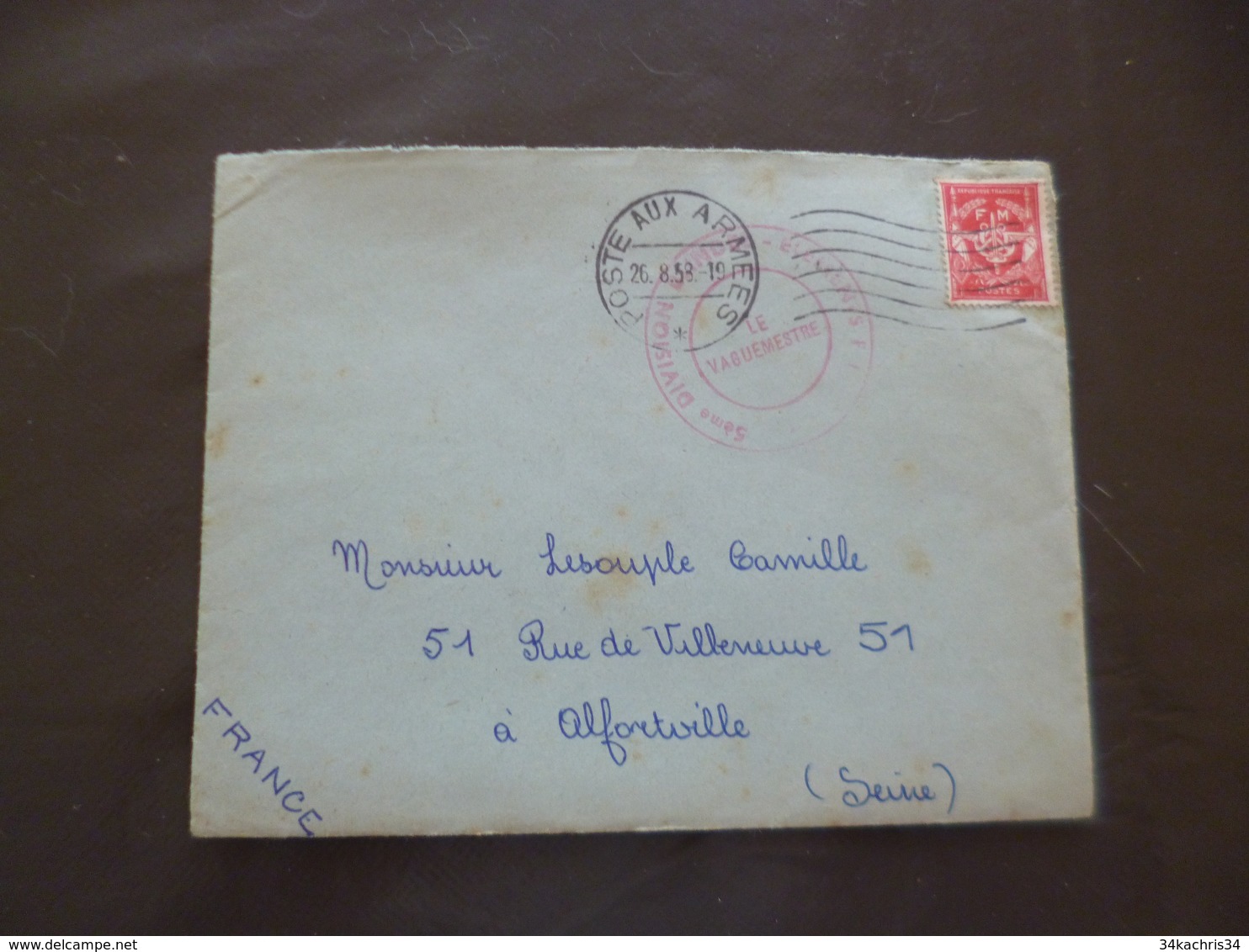 Lettre France TP FM Poste Aux Armées Cachet Rouge 5ème Division Blindées.... - Military Postmarks From 1900 (out Of Wars Periods)