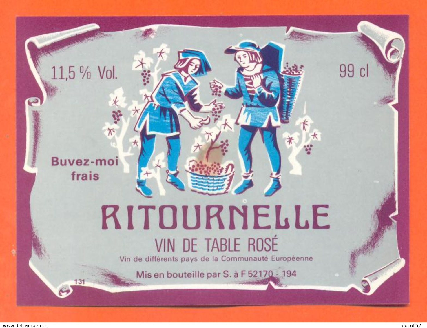 étiquette Ancienne Vin De Table Rosé Ritournelle à Arc En Barrois - 11,5 ° - 99 Cl - Vino Rosado