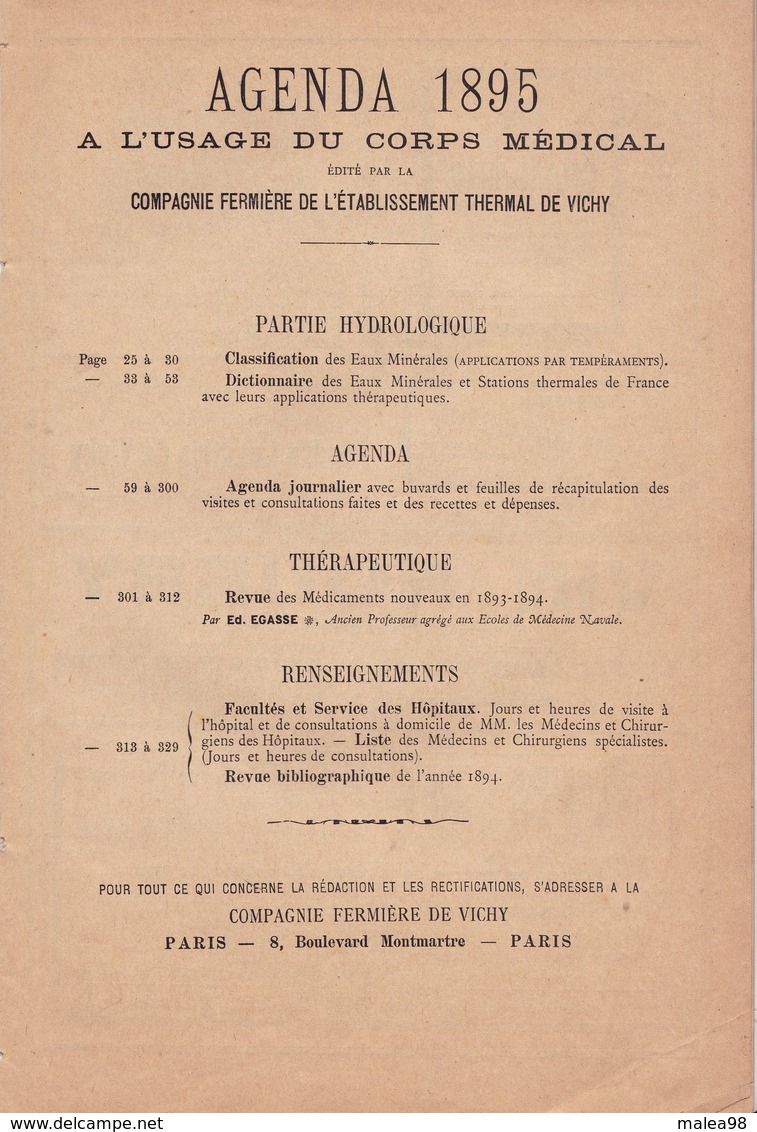 AGENDA  1895 A  L' USAGE DU  CORPS   MEDICAL  EDITE PAR LA  CIE FERMIERE DE L'ETABLISSEMENT  THERMAL DE VICHY - Grand Format : ...-1900