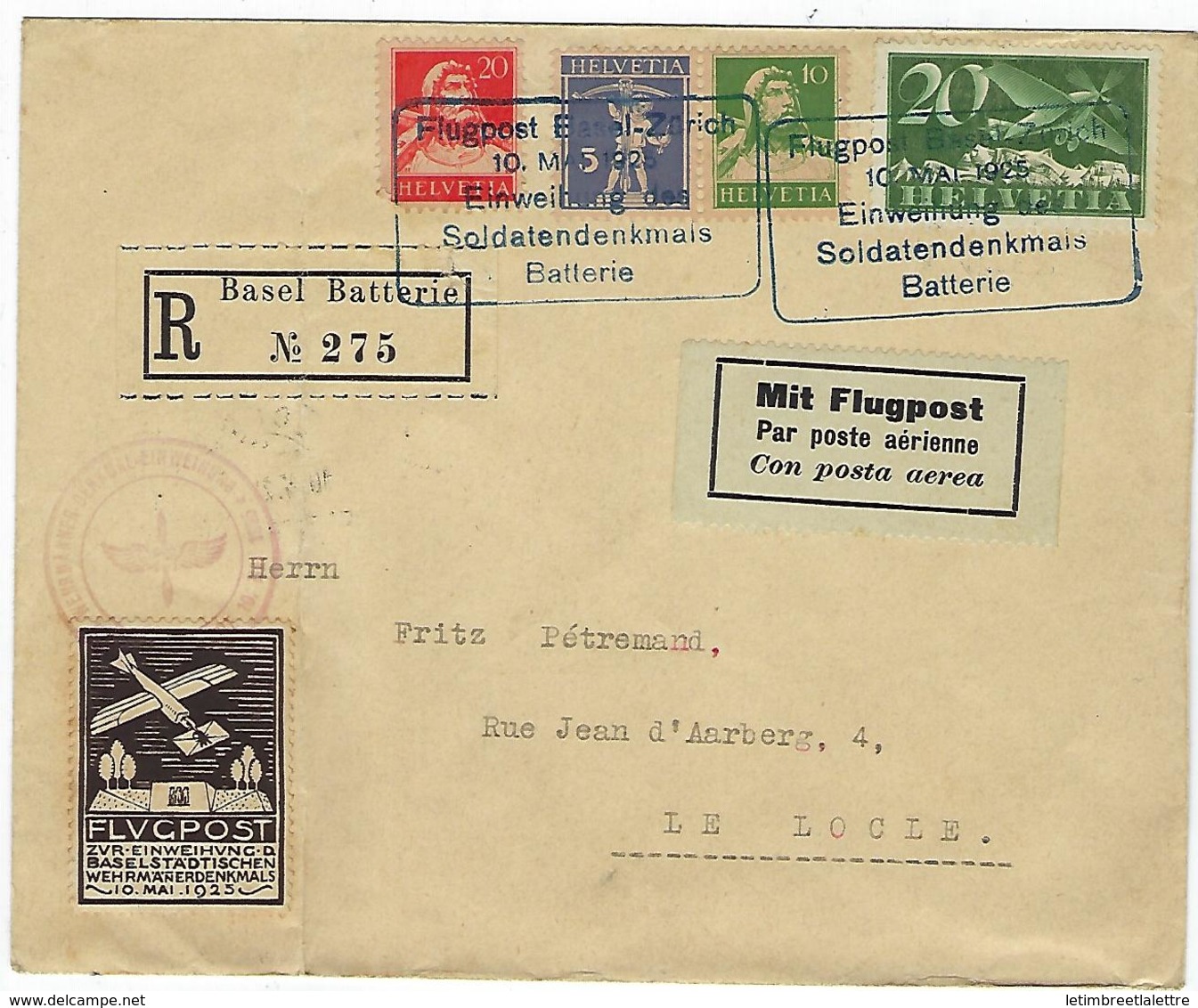 Carte De Suisse, Bâle - Zurich En 1925 En Recommandé Via Flugpost, Bel Affranchissement Avec Vignette Avec Déco Au Verso - Marcophilie