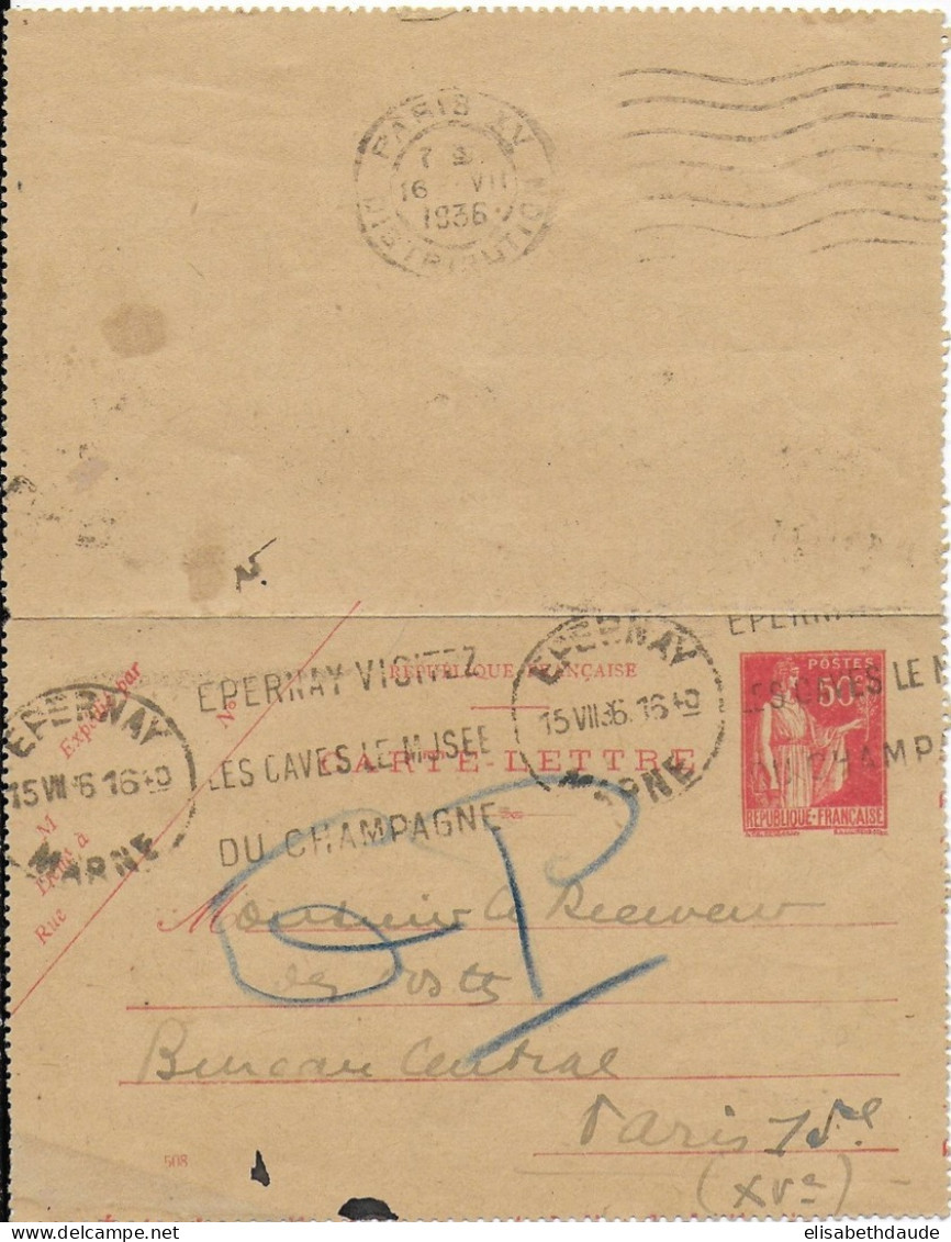 1936 - PAIX - CARTE-LETTRE ENTIER De EPERNAY (MARNE) => RECEVEUR DES POSTES BUREAU CENTRAL à PARIS - Kaartbrieven