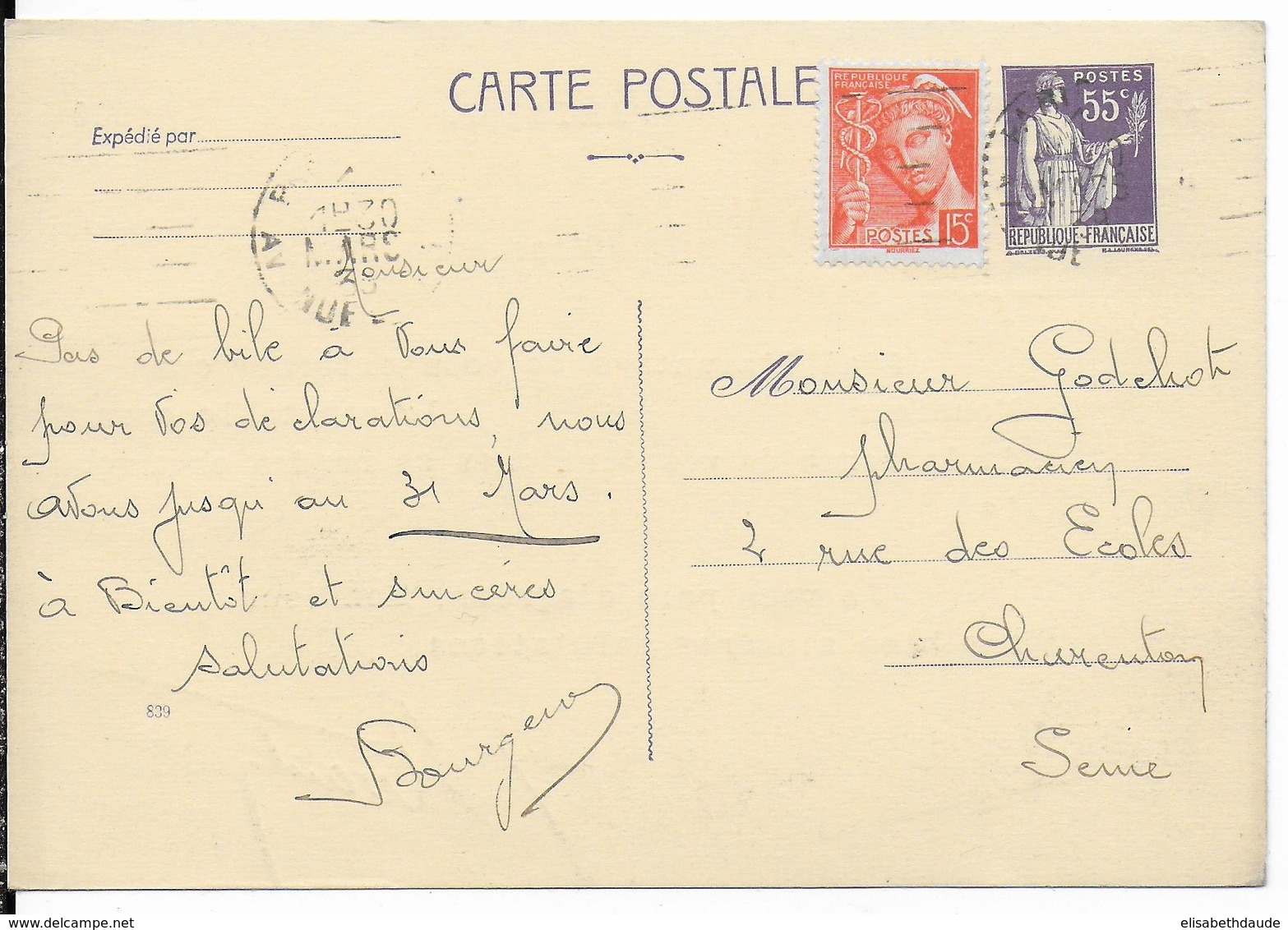 1939 - PAIX - CARTE ENTIER Avec REPIQUAGE COMMERCIAL Au DOS "QUANTIN" De PARIS - Overprinter Postcards (before 1995)