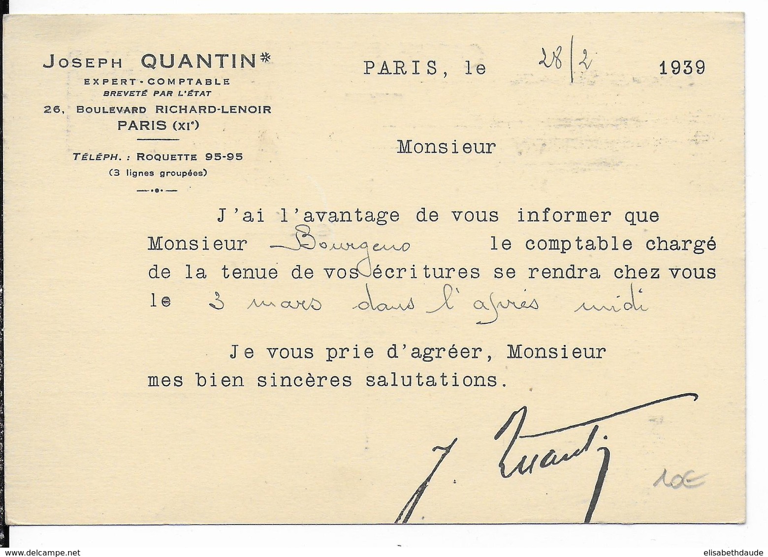 1939 - PAIX - CARTE ENTIER Avec REPIQUAGE COMMERCIAL Au DOS "QUANTIN" De PARIS - Overprinter Postcards (before 1995)