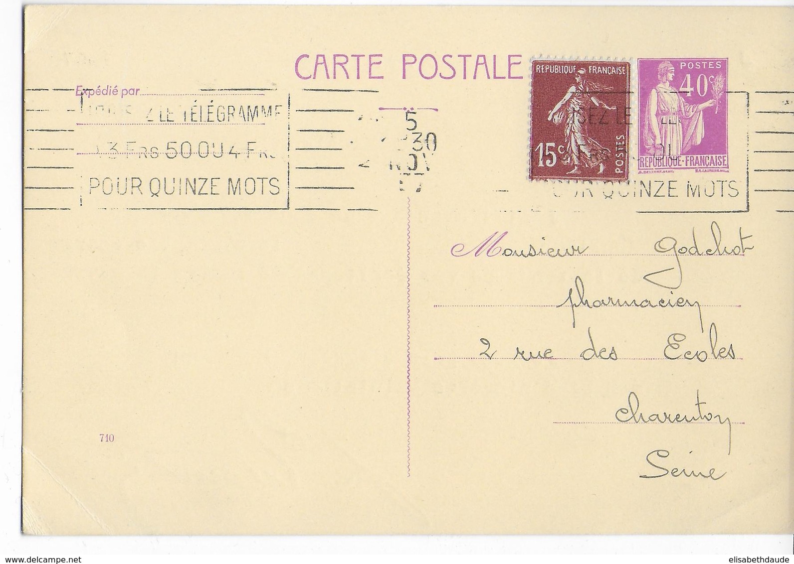 1937 - PAIX - CARTE ENTIER Avec REPIQUAGE COMMERCIAL Au DOS "QUANTIN" De PARIS - Overprinter Postcards (before 1995)