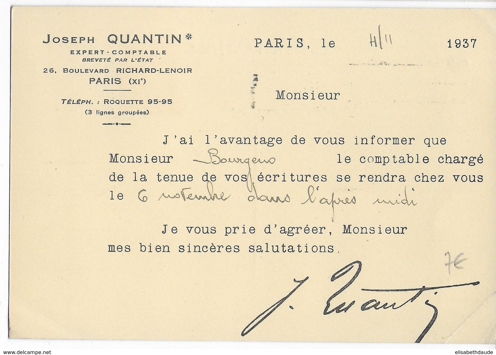 1937 - PAIX - CARTE ENTIER Avec REPIQUAGE COMMERCIAL Au DOS "QUANTIN" De PARIS - AK Mit Aufdruck (vor 1995)