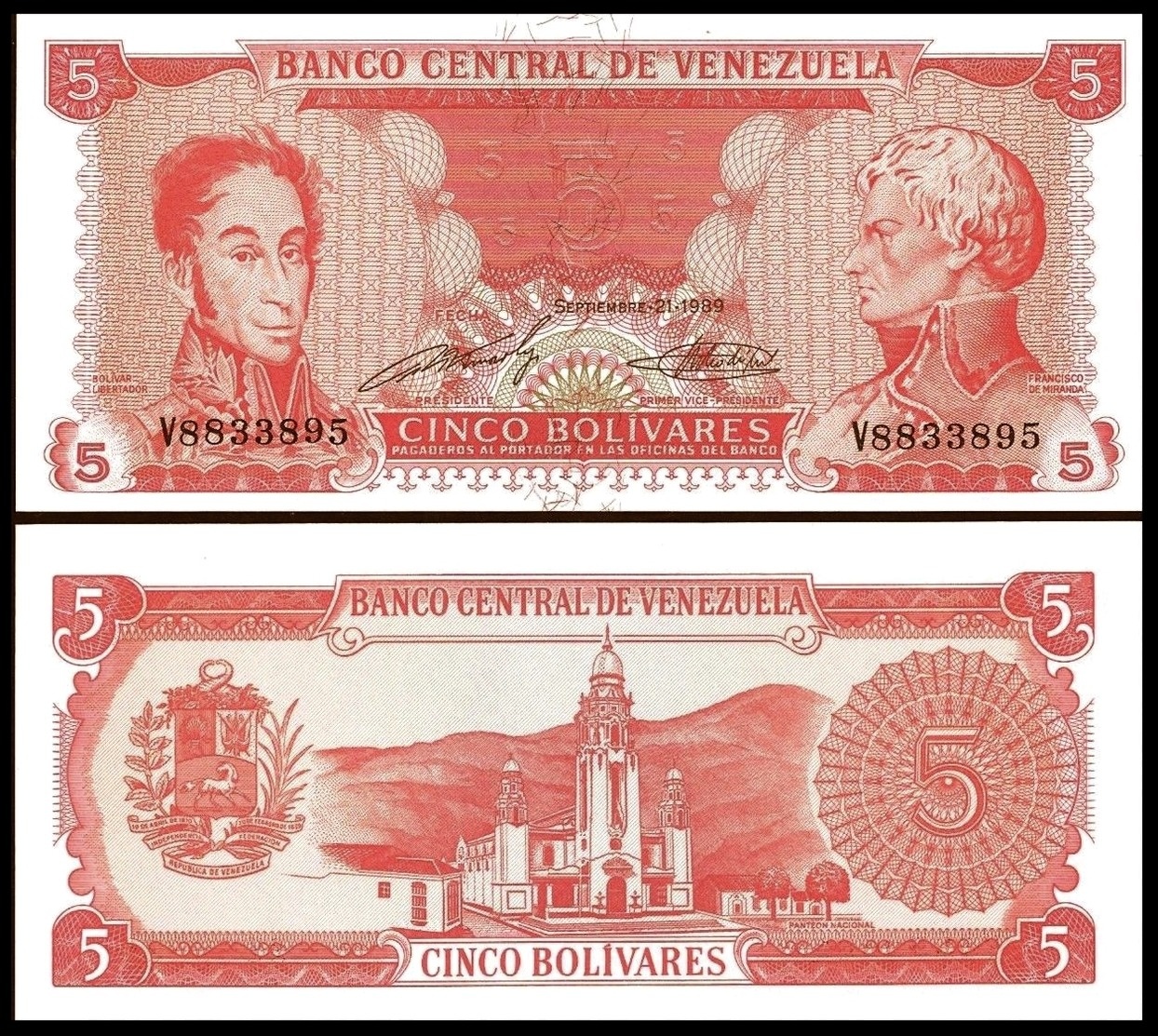 Venezuela 5 BOLIVARES 1989 P 70a UNC - Venezuela