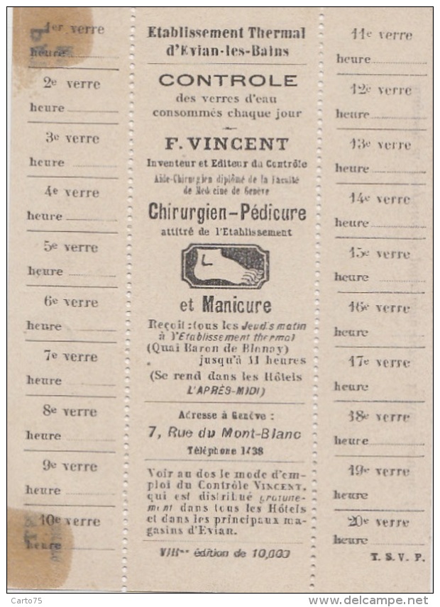 Thermalisme - Evian Les Bains - Vignettes Contrôle Verres D'eau - Chirurgien Pied - Photographe Genève Horlogerie - Santé