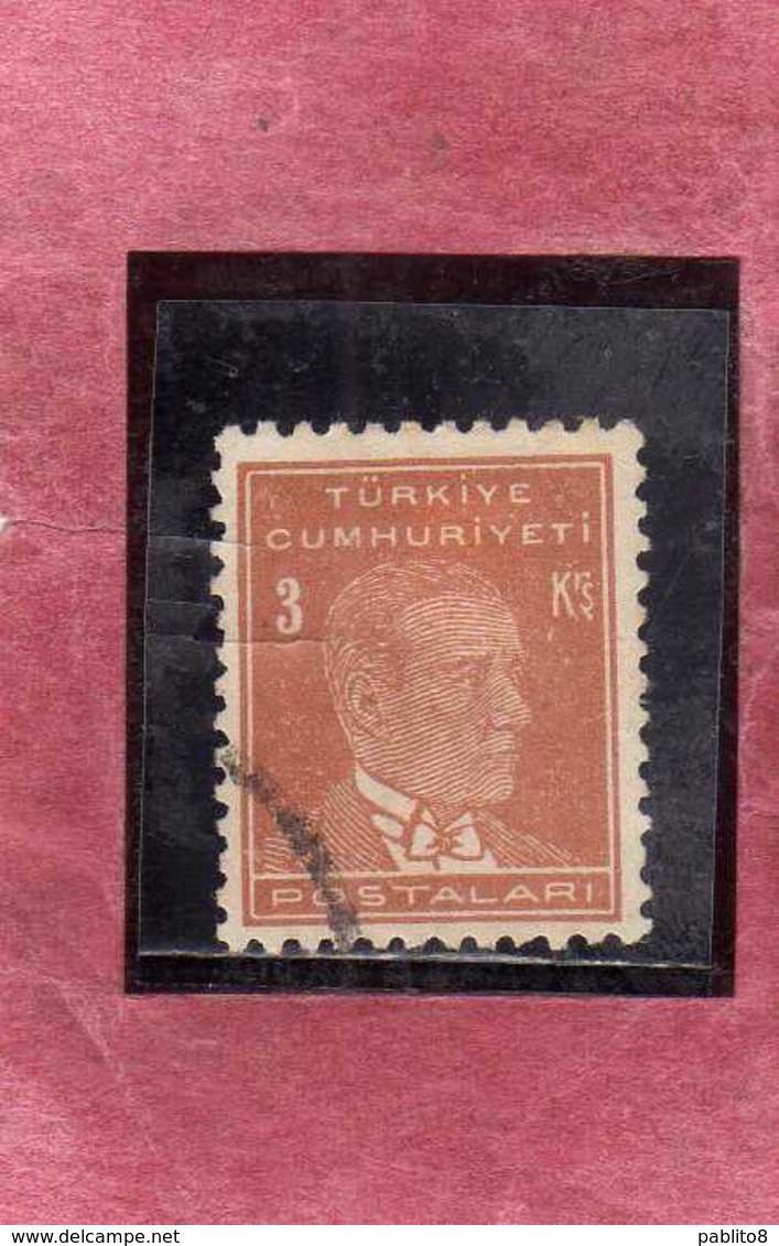 TURCHIA TURKÍA TURKEY 1931 1942 Mustafa Kemal Pasha (Kemal Ataturk) 3k USATO USED OBLITERE' - Oblitérés