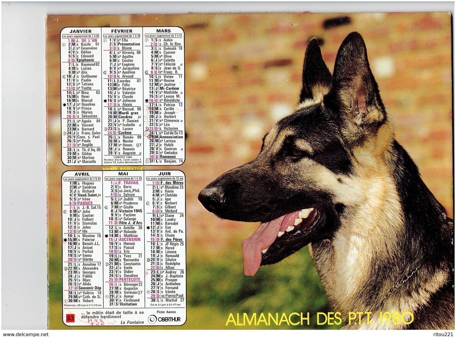 lot 5 Grand calendrier P.T.T. facteur 1986-1992- 1980- 1986- 2001 - chien loup berger allemand cheval chat shetland