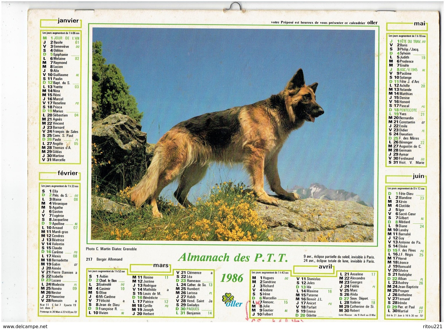 lot 5 Grand calendrier P.T.T. facteur 1986-1992- 1980- 1986- 2001 - chien loup berger allemand cheval chat shetland