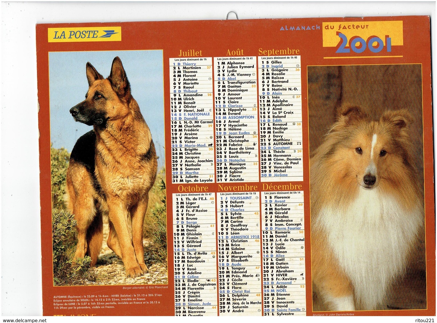 lot 5 Grand calendrier P.T.T. facteur 1986-1992- 1980- 1986- 2001 - chien loup berger allemand cheval chat shetland