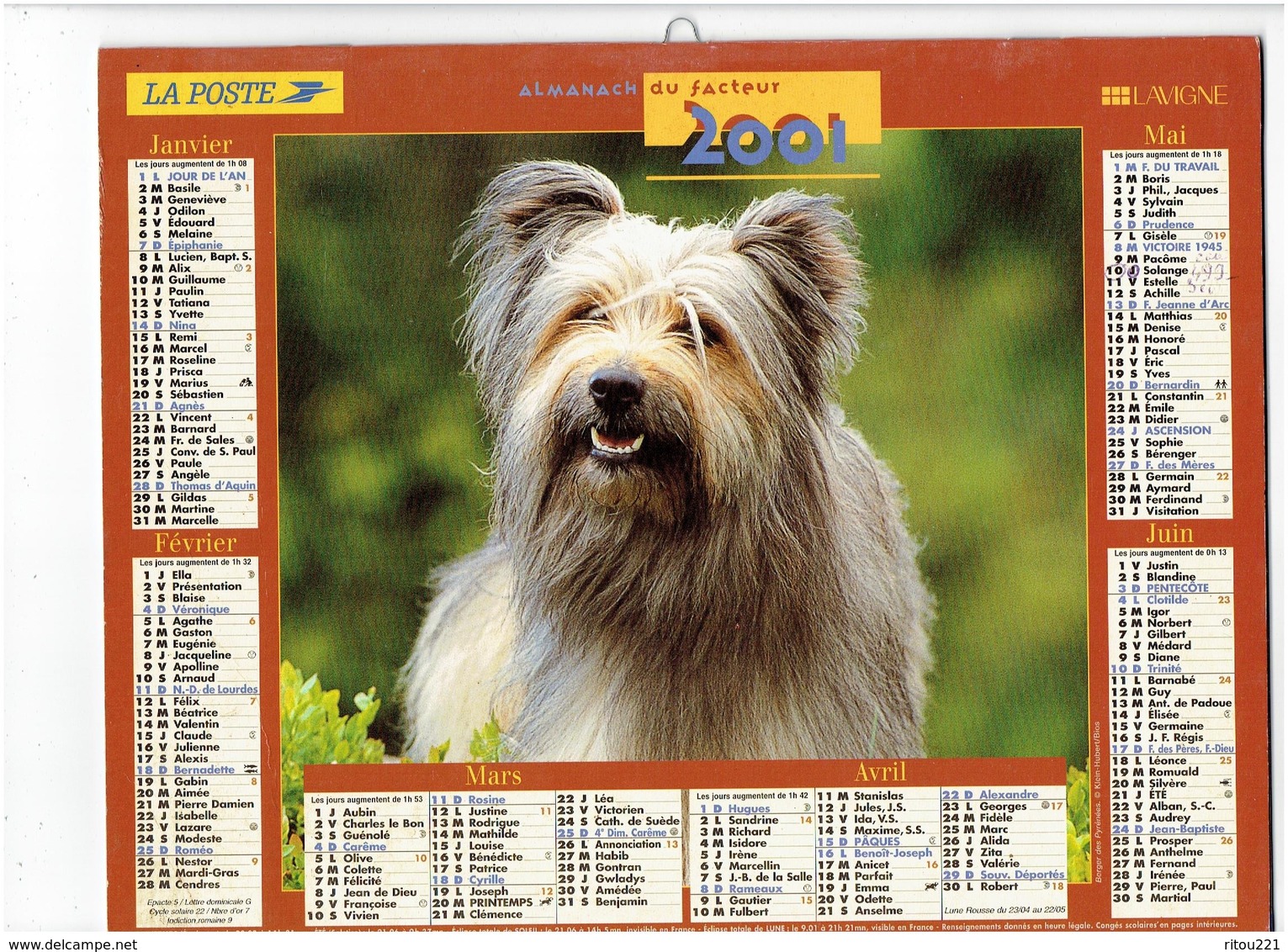 lot 5 Grand calendrier P.T.T. facteur 1986-1992- 1980- 1986- 2001 - chien loup berger allemand cheval chat shetland