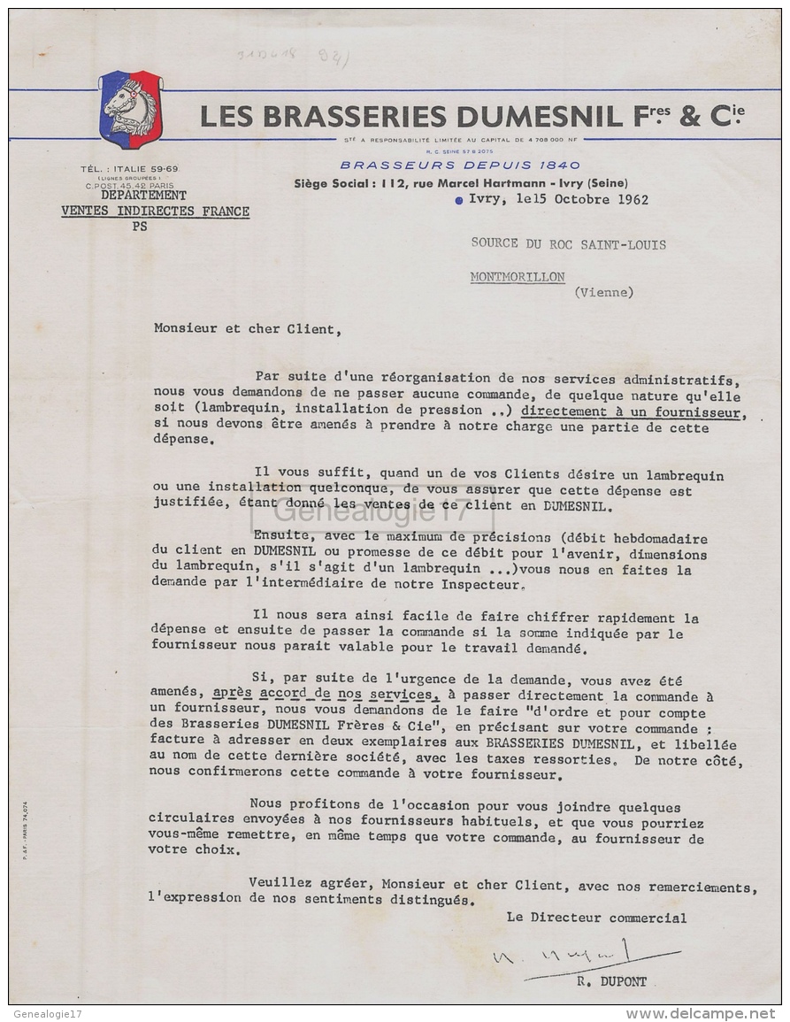 94 904 IVRY SUR SEINE 1962 Brasserie LES BRASSERIES DUMESNIL FRERES Brasseur Rue Marcel Hartmann Sugne DUPONT - 1900 – 1949