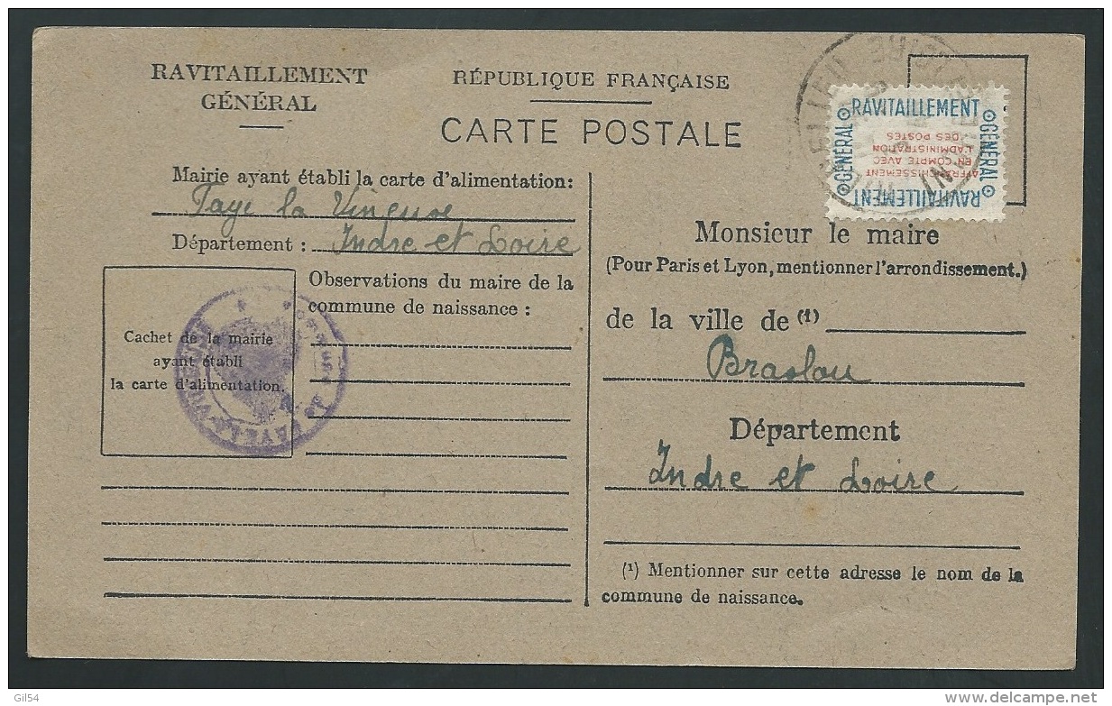 France - Carte De Ravitaillement Général - Cachet  Faye La Vineuse  ( Dpt 37 )  - Pa13107 - WW II