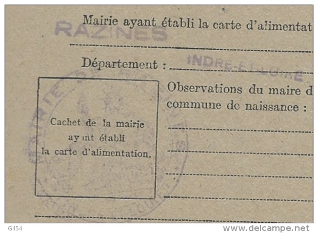 France - Carte De Ravitaillement Général - Cachet  Mairie  De Razines ( Dpt 37 )   - Pa13111 - WW II