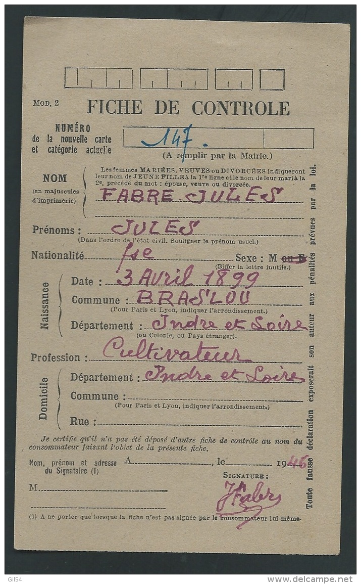 France - Carte De Ravitaillement Général - Cachet  Mairie  De Razines ( Dpt 37 )   - Pa13111 - WW II