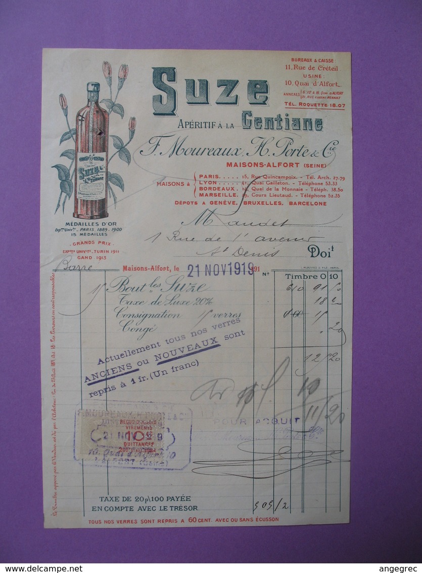 Document  Fiscaux Perforé Perfin  MP - 98  F. Moureaux & H. Porte & Cie   21 Novembre 1919 " Suze " - Otros & Sin Clasificación