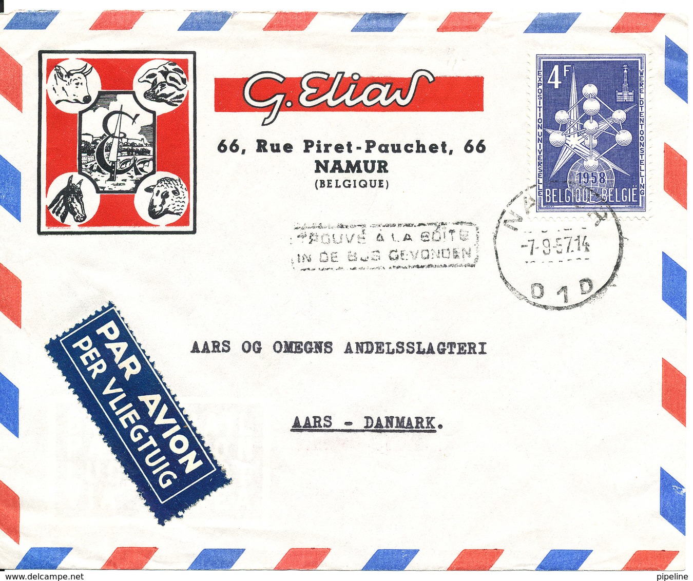 Belgium Air Mail Cover Sent To Denmark Namur 7-9-1957 Single Franked - Other & Unclassified