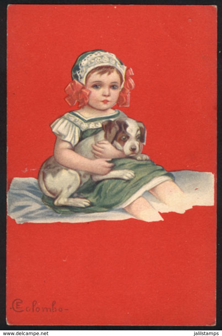 8 ARTIST SIGNED POSTCARDS: E. COLOMBO: Girl Craddling A Dog, Unused, VF Quality - Autres & Non Classés