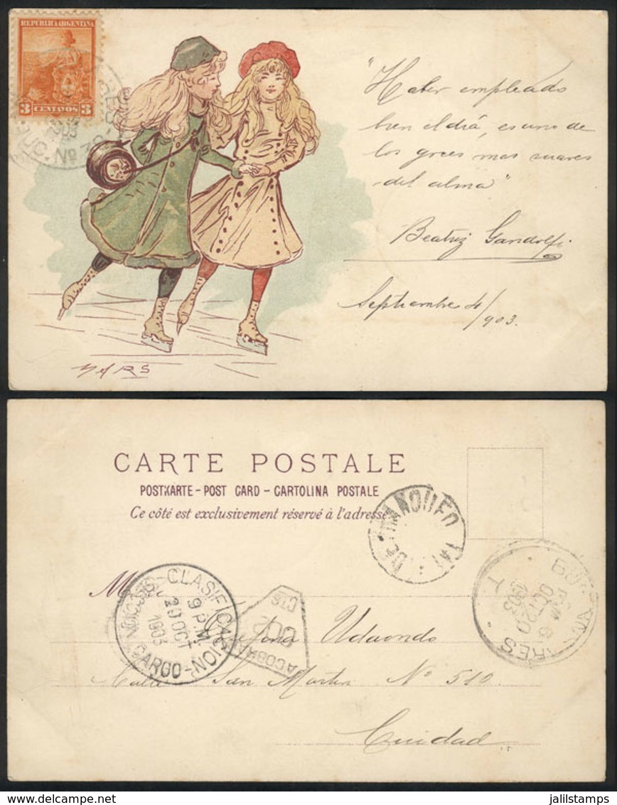 14 ARTIST SIGNED POSTCARDS: Girls Skating, Mars, Used In Argentina In 1903, Franked Wit - Autres & Non Classés