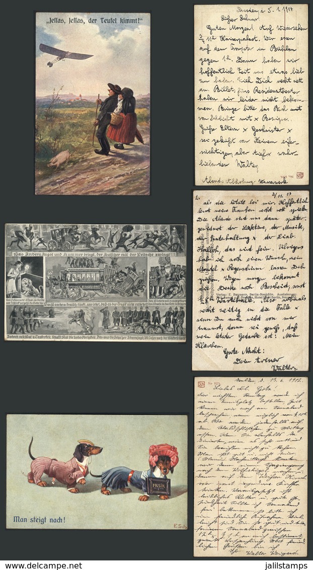 27 GERMANY: COMIC: 3 Old Postcards, Topic Dogs, Aviation, Politics, VF Quality! - Other & Unclassified