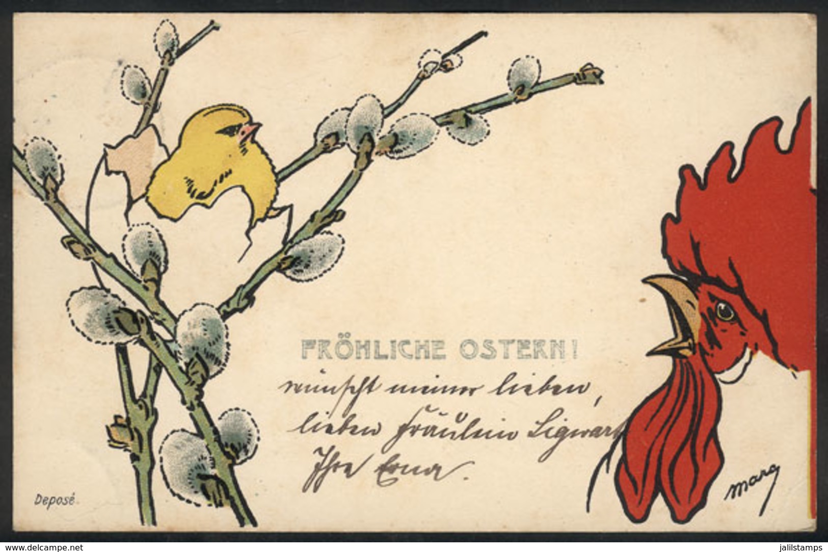 35 GERMANY: Rooster And Chick, Easter Greeting PC Used In 1905, One Corner Bent - Autres & Non Classés