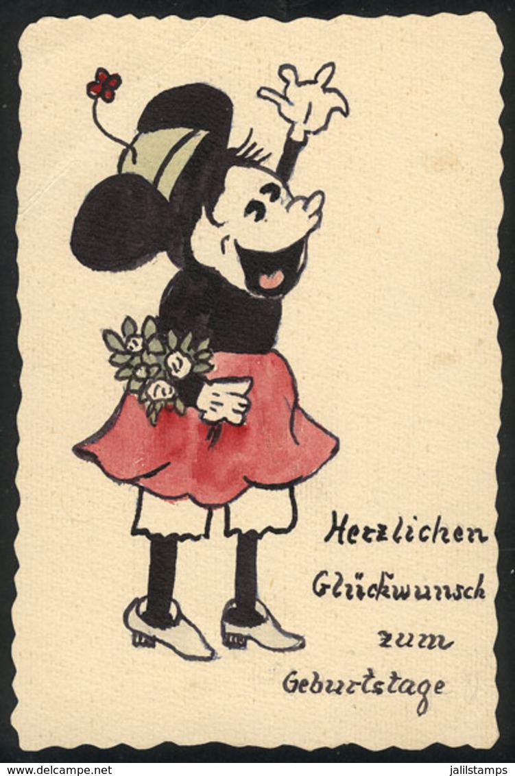 38 GERMANY: Hand-painted Greeting PC, Minnie Mouse, Circa 1941, One Corner Creased - Sonstige & Ohne Zuordnung