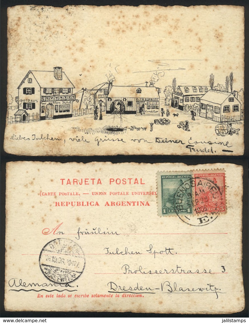 94 ARGENTINA: Old HAND-DRAWN Postcard, A Street View, In German, Sent To Dresden On 25/S - Argentinien