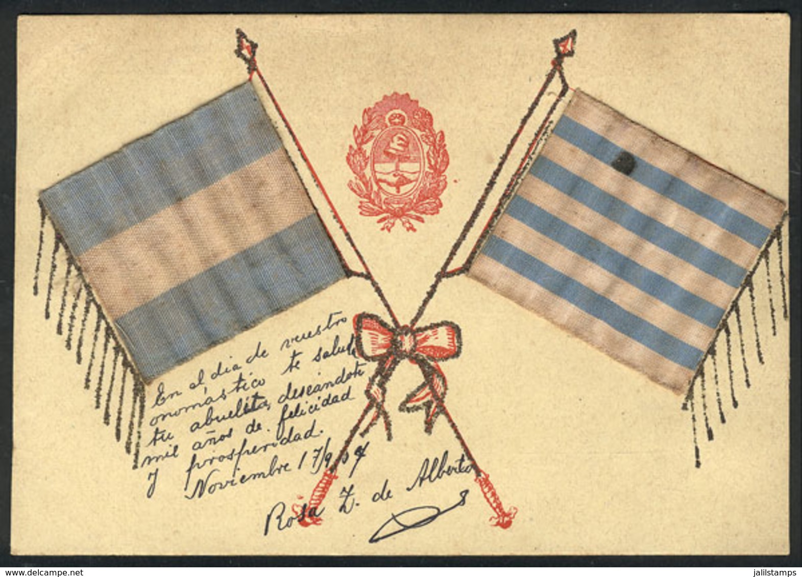 98 ARGENTINA: Flags Of Argentina And Uruguay Made Of Cloth, Used In 1907, VF Quality - Argentina