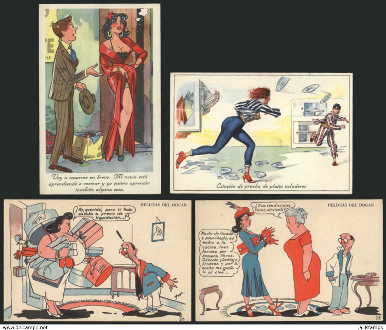 115 ARGENTINA: COMIC: 4 Old Postcards With Motifs Related To Women, Couples, Marriage, Un - Argentina