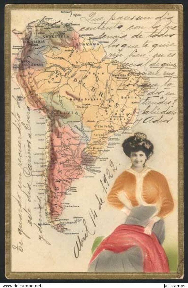 126 ARGENTINA: Map Of South America, Used In 1922, Embossed, Very Handsome! - Argentina