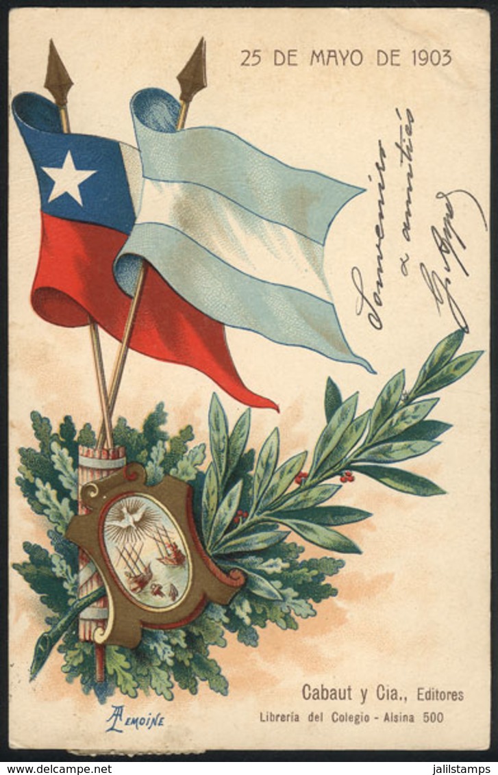 131 ARGENTINA: Patriotic PC Of 25 May 1903, Flags Of Argentina And Chile, Ed. Cabaut & Ci - Argentina