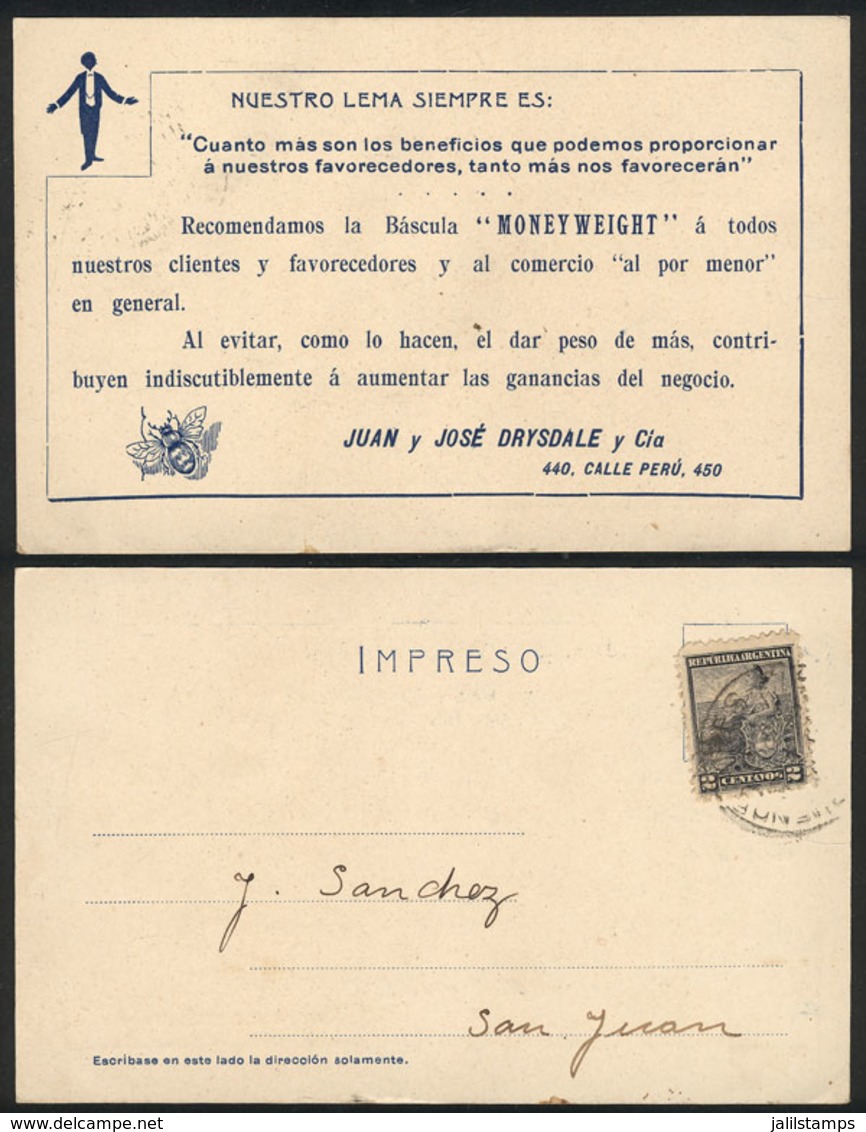 137 ARGENTINA: Advertising PC Of "Moneyweight" Scales, Sent To San Juan Circa 1904, VF Qu - Argentine