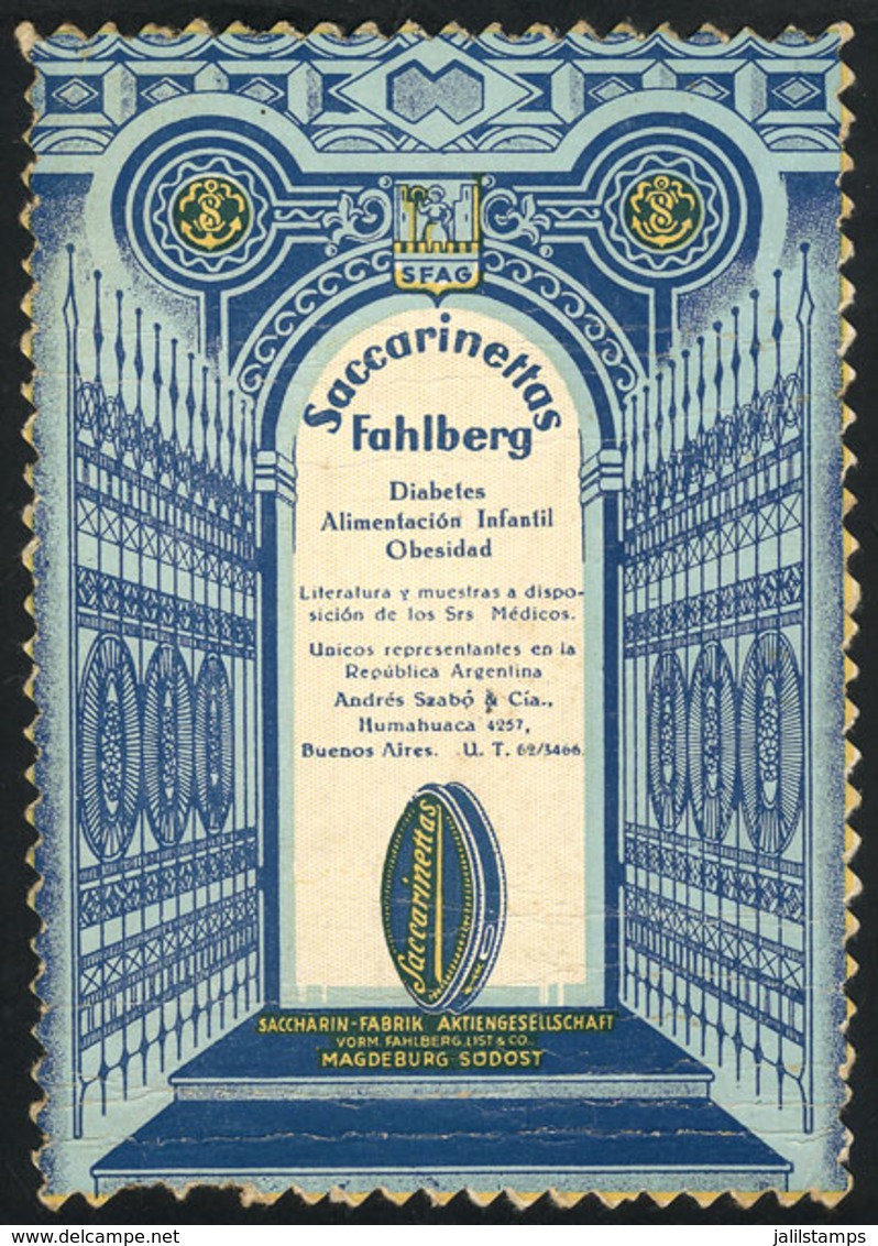 141 ARGENTINA: Saccarinettas Fahlberg, Medicine, Advertising PC, Unused - Argentina