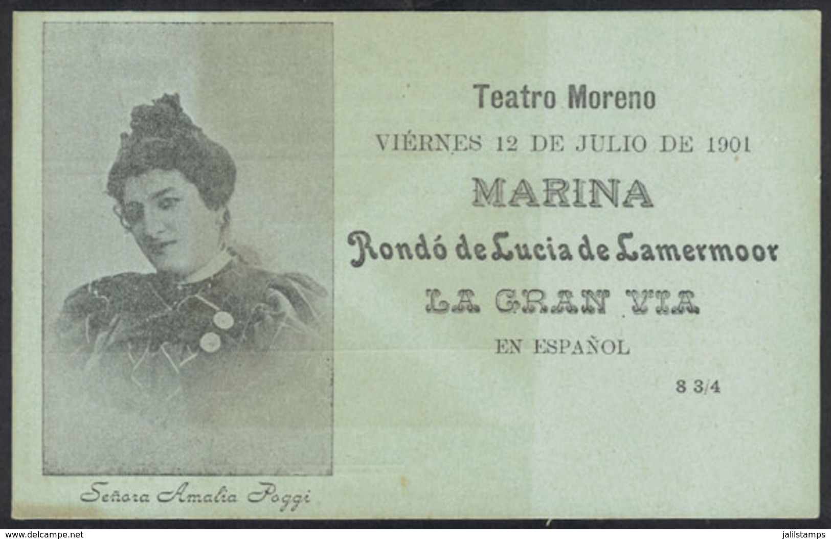 149 ARGENTINA: Advertising PC For Opera Of 12 July 1901, Featuring A Portrait Of Singer A - Argentine